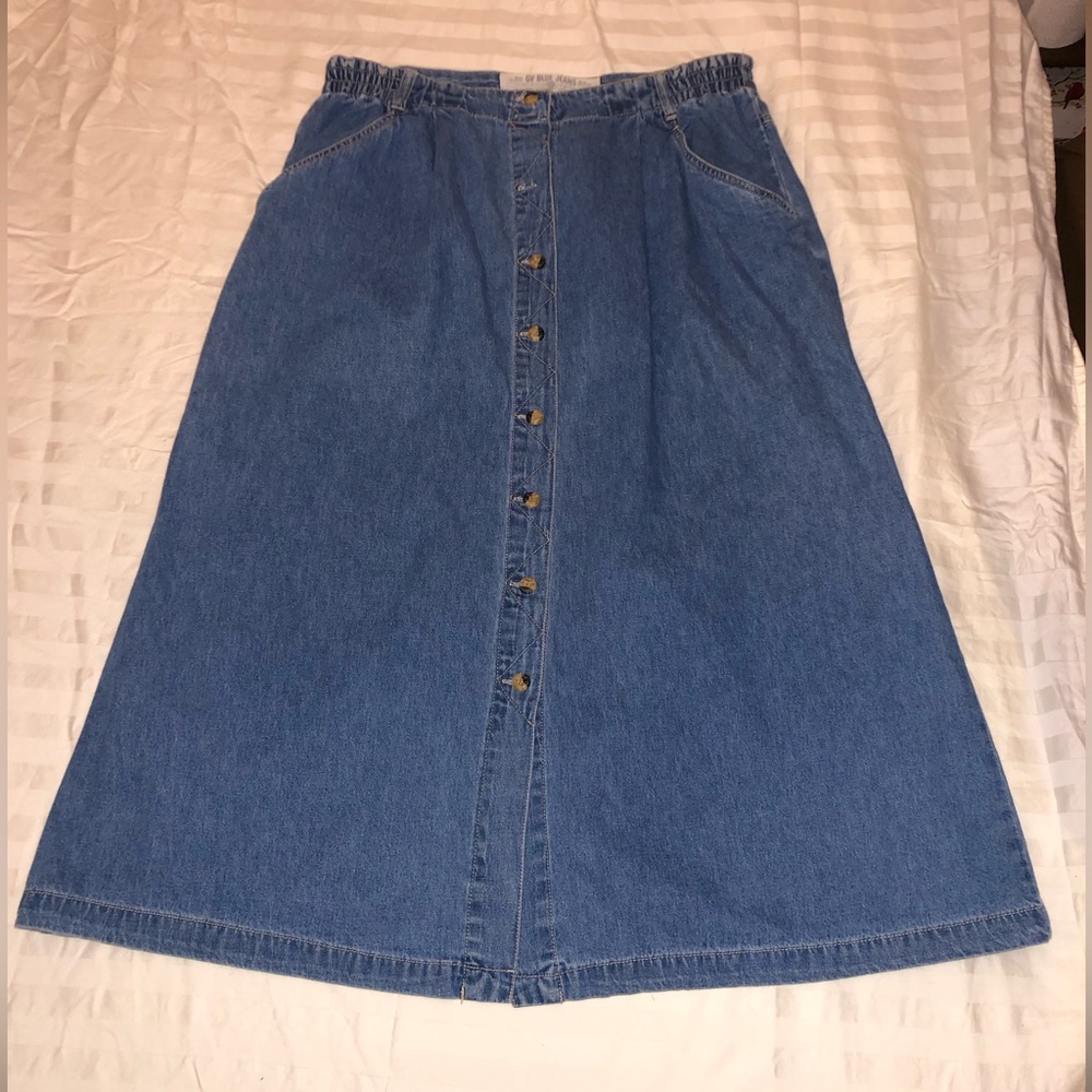 Denim Midi Skirt,  GV Vintage Classic Blue A-Line, Button down Front